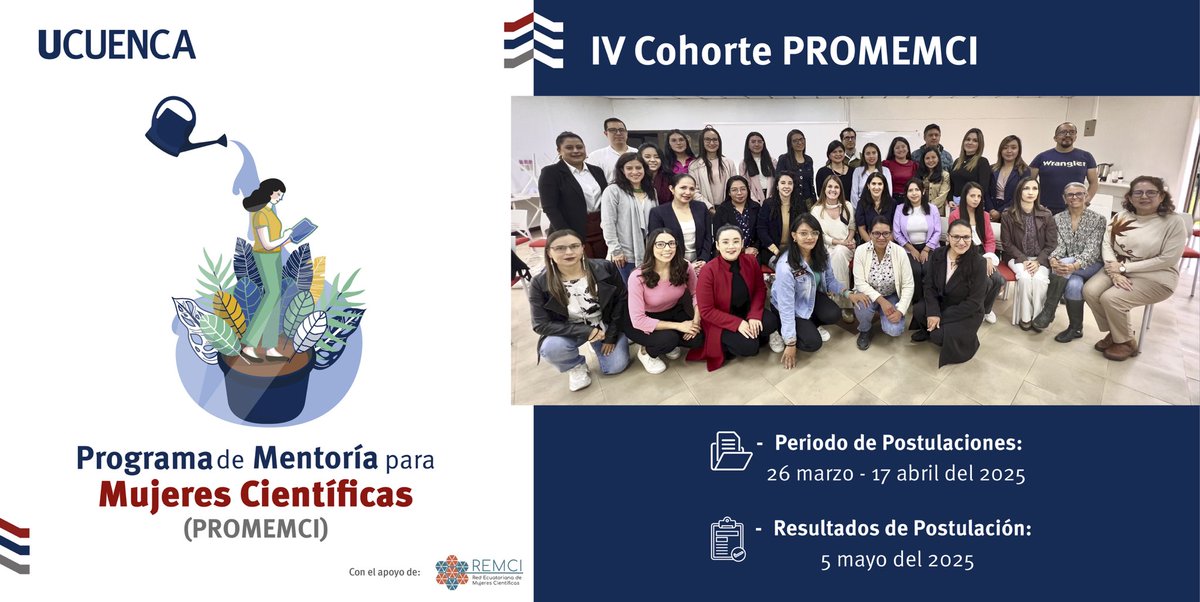 🔬✨ #PROMEMCI Convocatoria IV Cohorte| Programa de Mentoría para Mujeres Científicas

¡Súmate a esta experiencia de crecimiento, colaboración y empoderamiento! 💪👩‍🔬

🔗 Más información en el siguiente enlace: ucuenca.edu.ec/promemci/#post…