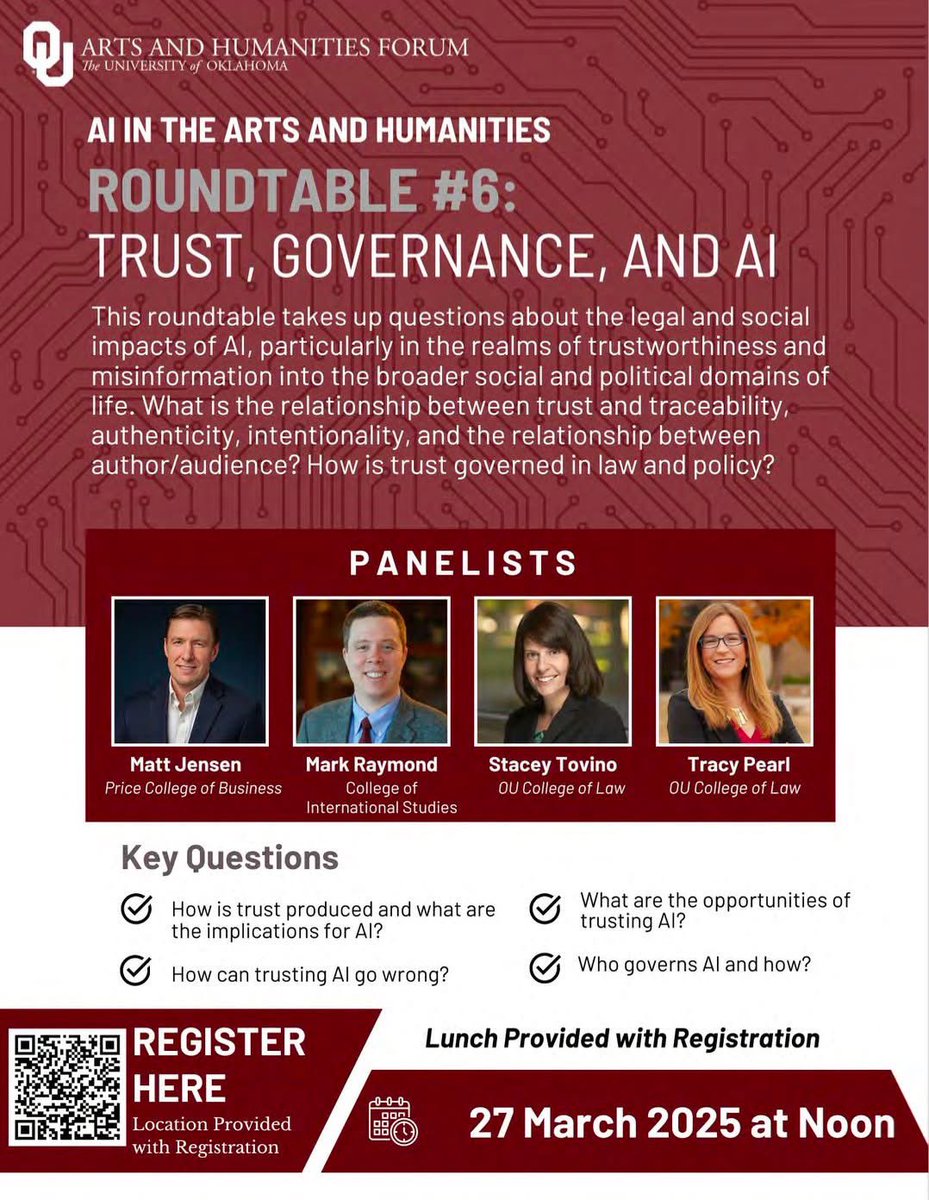 Excited to be participating in this AI governance roundtable today with my awesome <a href="/UofOklahomaLaw/">OU College of Law</a> colleague <a href="/StaceyTovino/">Stacey Tovino</a>.