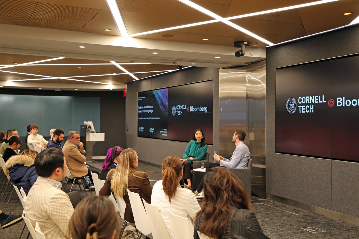 cornell_tech's tweet photo. Last night’s Cornell @TechAtBloomberg speaker series featuring Jesse Middleton, General Partner at @Flybridge, in conversation with @Bloomberg News' Isabelle Lee, revealed valuable insights into venture capital, AI, and the future of work. @srcasm @TechNYC #CTechBBG #CornellTech https://t.co/u1hc4M7KKT