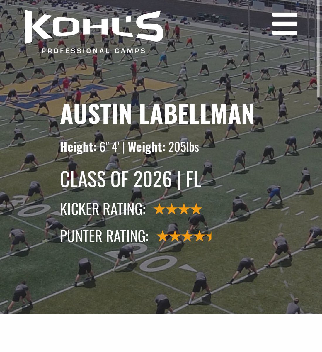 Austin LaBellman (@austinlabellman) on Twitter photo Happy to announce I have been ranked by <a href="/KohlsKicking/">Kohl's Kicking Camps</a> at the most recent ranking event in Texas as a 4.5 ⭐️ punter. Still more work to do and improve on. Looking forward to showcasing my talent at more camps. <a href="/CoachHoats/">Coach Chris Hoats</a> <a href="/CoachRuss92/">Craig Russell</a> <a href="/B_Dyer2/">Brandon Dyer</a> <a href="/D_Benson17/">CoachDBensonWPHS</a> <a href="/WPCatsFootball/">Winter Park Football</a> Happy to announce I have been ranked by <a href="/KohlsKicking/">Kohl's Kicking Camps</a> at the most recent ranking event in Texas as a 4.5 ⭐️ punter. Still more work to do and improve on. Looking forward to showcasing my talent at more camps. <a href="/CoachHoats/">Coach Chris Hoats</a> <a href="/CoachRuss92/">Craig Russell</a> <a href="/B_Dyer2/">Brandon Dyer</a> <a href="/D_Benson17/">CoachDBensonWPHS</a> <a href="/WPCatsFootball/">Winter Park Football</a>