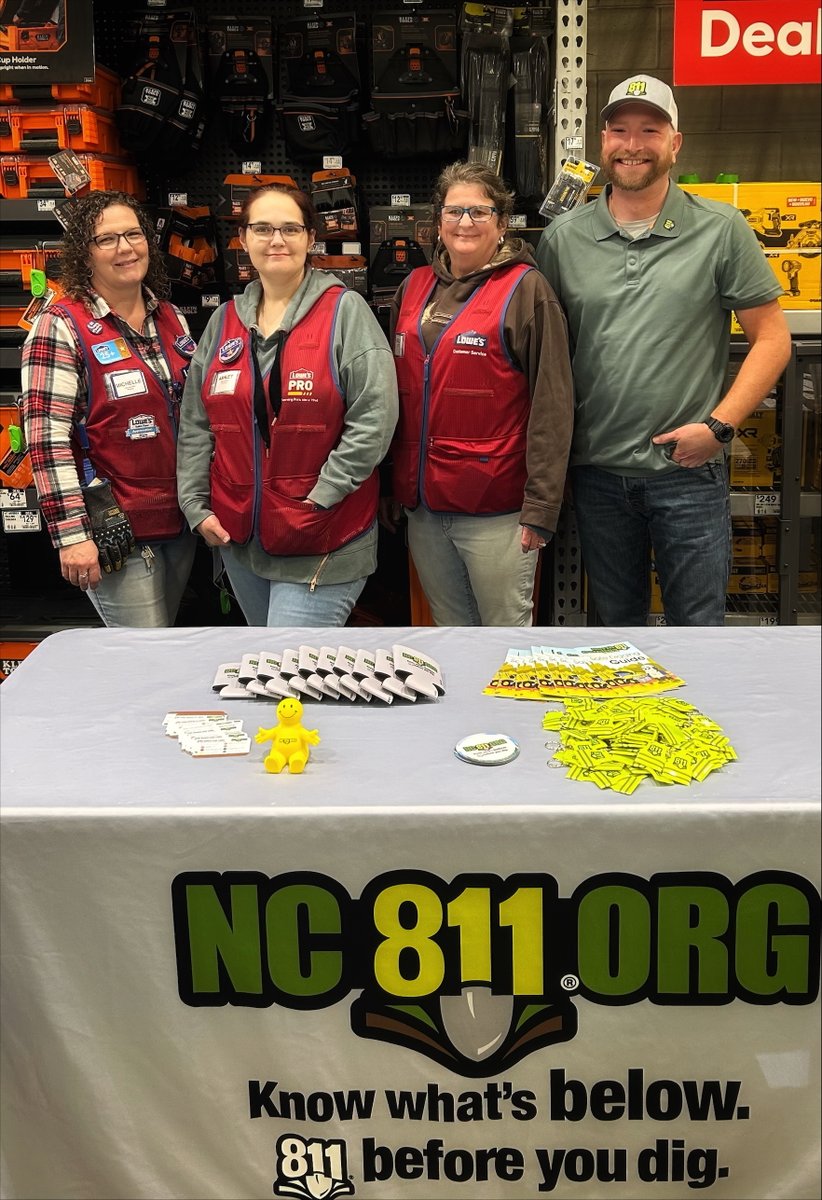 Exciting times at Lowe's in Lenoir, NC!

NC811 Western Regional liaison Rory Phipps joined the action at Lowe's Pro Service Day, where contractors and professionals enjoyed exclusive deals on trusted brands.

Remember, before you dig, always contact 811 to ensure your safety and