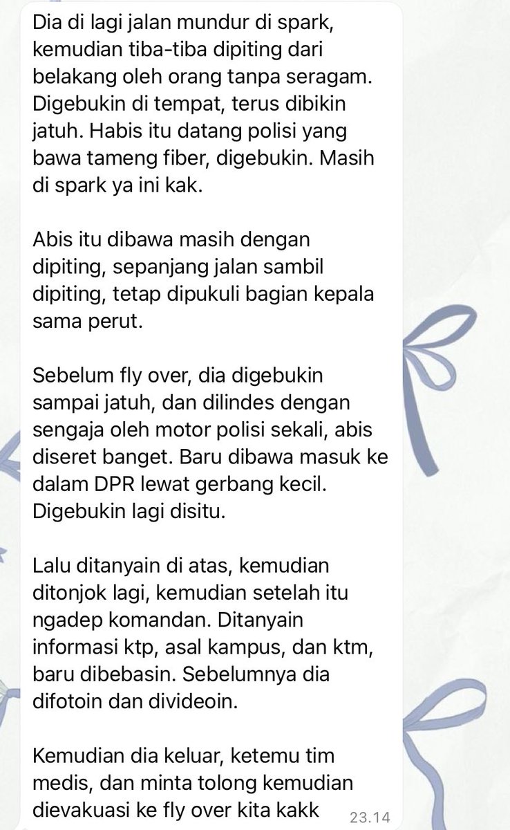 INFO‼️ repost

ada korban yg skrg ini masih di IGD.
DIPUKULIN parcok + DILINDES MOTOR. dokter blg ototnya kaku karena mengalami trauma otot.

saat ini tagihan RS korban sdh tercover oleh donasi yg ada di aku. 

nanti aku update terus ya di thread ini!
kronologi slide 2.