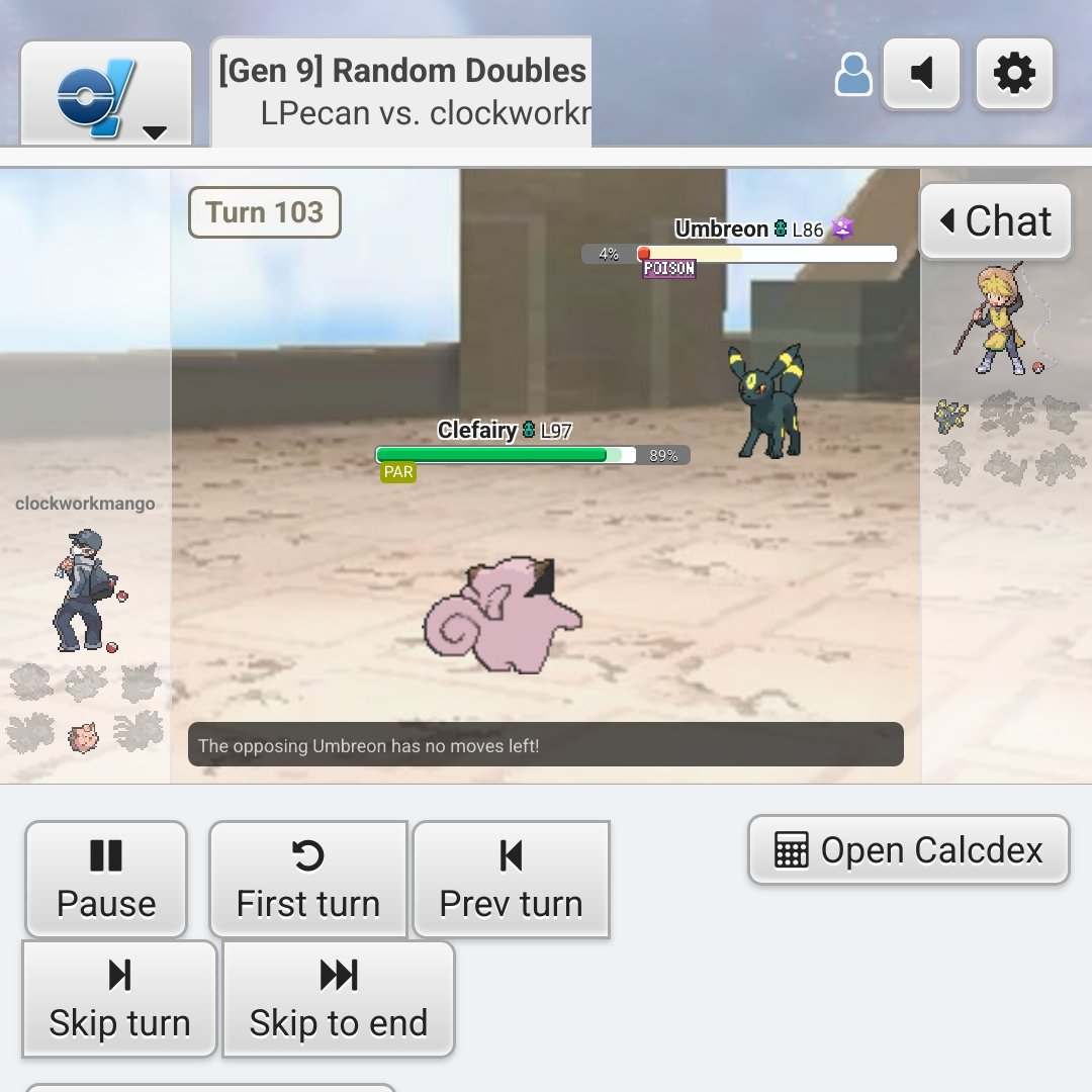 clockworkVGC's tweet image. Life Dew Clefairy needed to PP stall Helping Hand, Thunder Wave, Moonlight, and Foul Play from Tera Poison Umbreon. But we did it. Random "Doubles"