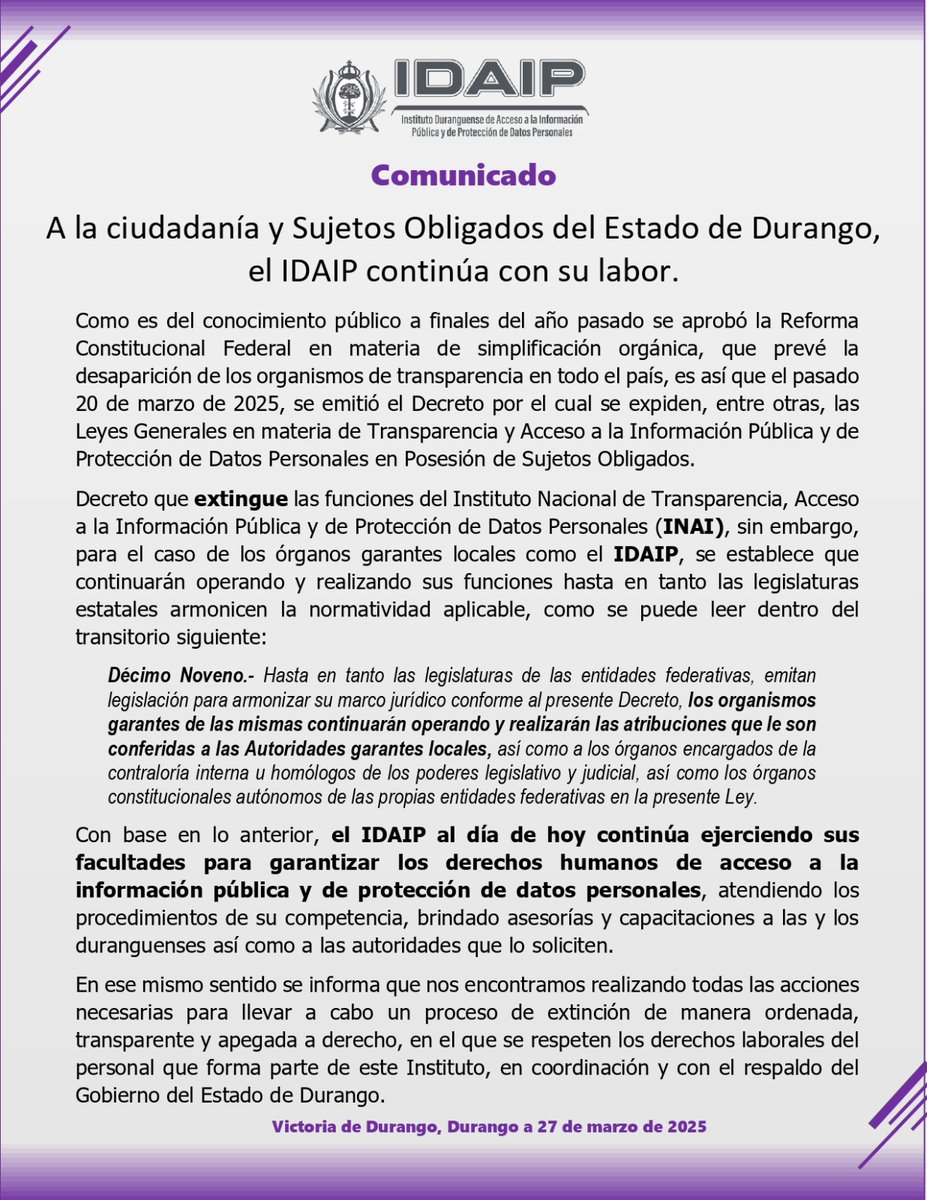 📢 COMUNICADO IMPORTANTE 📢

A todos los Sujetos Obligados y la ciudadanía duranguense.

#Durango #Transparencia #ComunicadoOficial
#20AñosdeServirADurango
