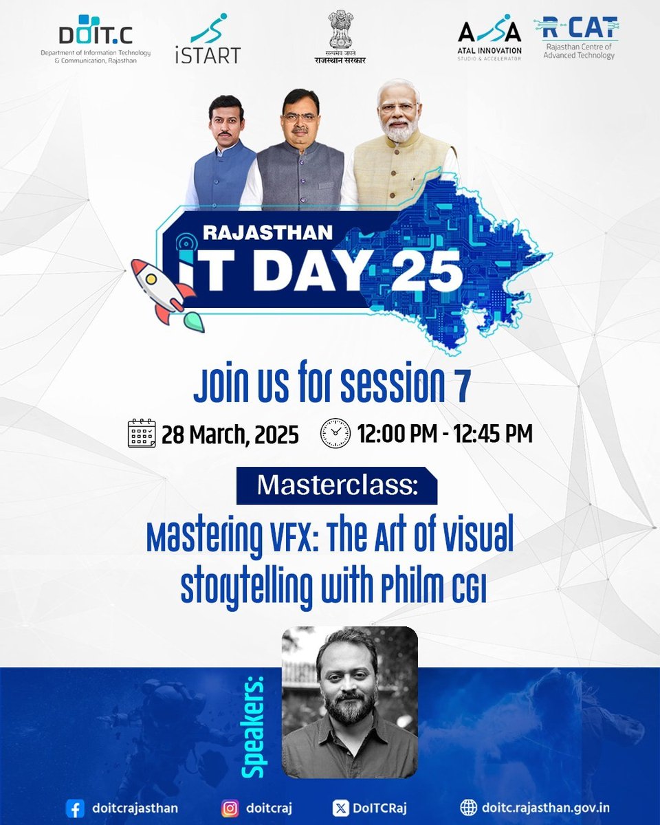 DoITCRaj's tweet photo. Rajasthan IT Day 

Unlock the secrets of stunning visual storytelling in this exclusive VFX masterclass with Philm CGI !  
 
#RajasthanITDay #iStart #DigitalTransformation https://t.co/u3geQVpn0T