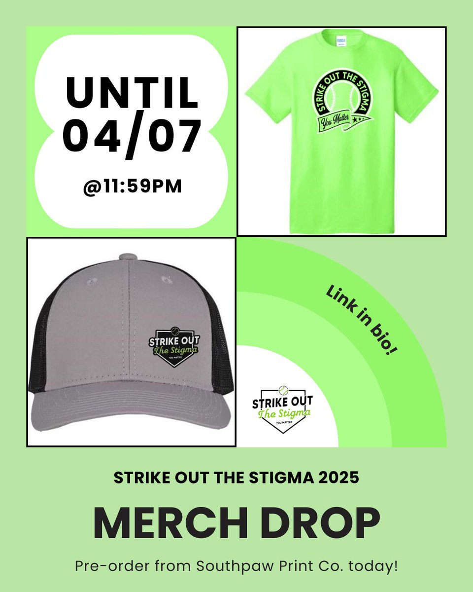 StrikeStigma's tweet image. We are excited to announce that our online store is now open to pre-order merch through April 7th at 11:59pm! Tees, tank tops, crewnecks, sweatshirts, and team-specific ball caps are available for purchase.💚
southpawprintco.chipply.com/SOTS2025
#strikeoutthestigma