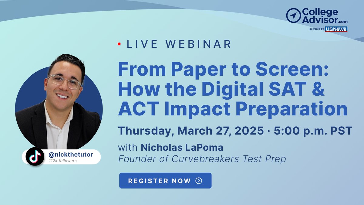 _collegeadvisor's tweet photo. Join us TODAY for our webinar with Nicholas LaPoma of Curvebreakers Test Prep which will provide key insights into the new digital format and what it means for test preparation. Register here: https://t.co/anrggHbC2C

#testprep #college #studytips #satprep #actprep #digitalsat https://t.co/i7LjztsMXT
