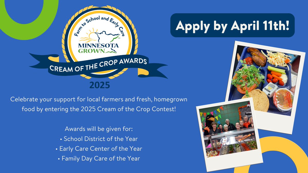 MNagriculture's tweet photo. 📣 Calling all Minnesota school districts, early care centers &amp; family day cares! Enter the 2025 #MNGrown Cream of the Crop Contest to showcase how you buy, serve &amp; promote local foods. Applications are due by April 11, 2025! 🌱🥕

🔗 Visit https://t.co/Vf2GbFRnLH to apply! https://t.co/atI03uZdhb