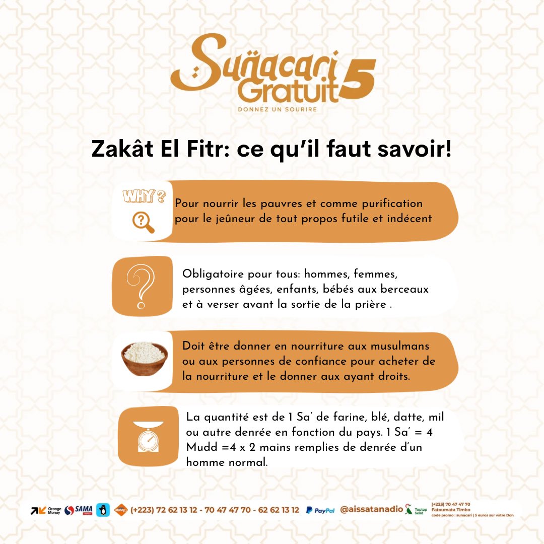 En s’acquittant de la Zakât al-Fitr, le musulman purifie son jeûne et renforce les liens de solidarité au sein de la communauté ☀️.

#SunacariGratuit #ZakâtAlFitr #Solidarité #Ramadan #Aumône #Purification #Communauté #AïdAlFitr  #islam #Don #Mali