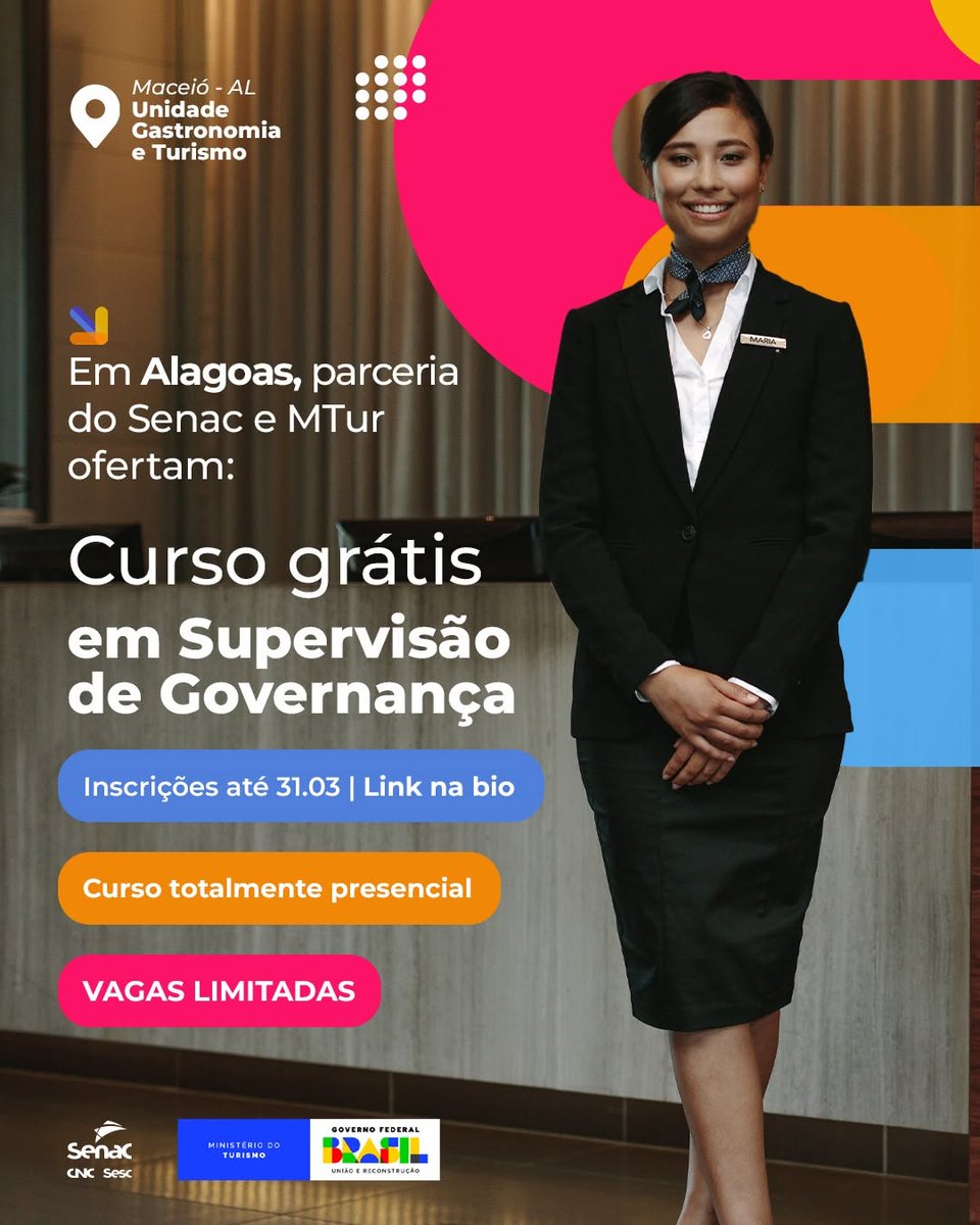📢 Próximo destino: qualificação profissional de excelência!

O Senac e o @mturismo estão oferecendo cursos presenciais e gratuitos na área de Turismo em várias cidades do Brasil! 
Não perca essa oportunidade no <a href="/SenacAlagoas/">Senac Alagoas</a> 

 Confira: l1nk.dev/1bjGG