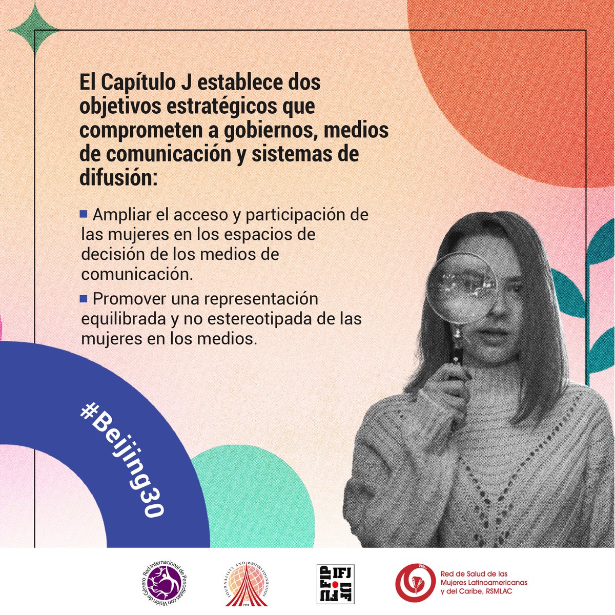 #CapítuloJ #Beijing30 #RIPVG #MujeresPeriodistas 
📣 El Capítulo J busca dos objetivos esenciales: más mujeres en puestos de decisión en los medios de comunicación y una representación justa de las mujeres.