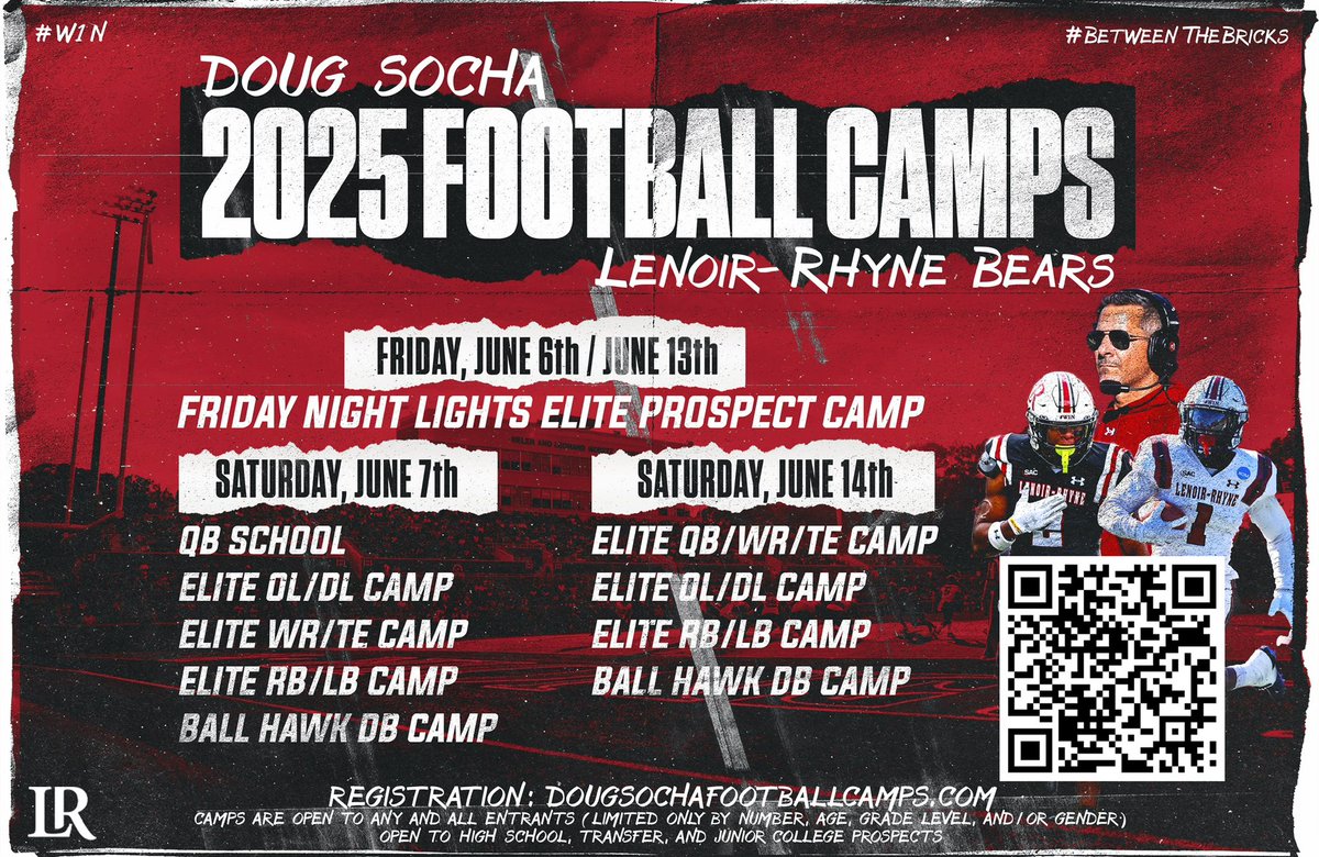 Camp with the Bears this summer #BetweenTheBricks! Scan the QR code or follow the link to register🧱🐻🧱

#W1N | #TOUGH

🔗: dougsochafootballcamps.com