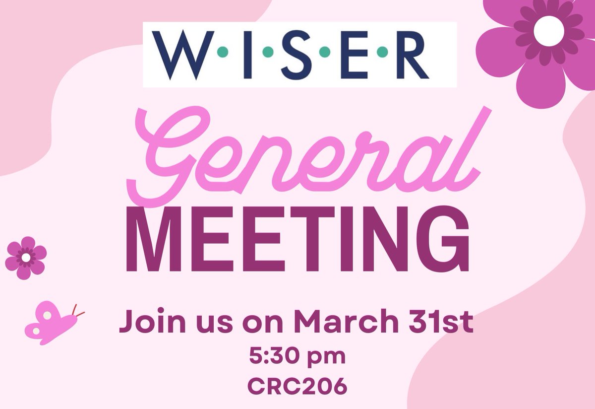 Join us next week for our general body meeting! 👉 March 31st, 5:30pm in CRC206
We hope to see you there! 💜