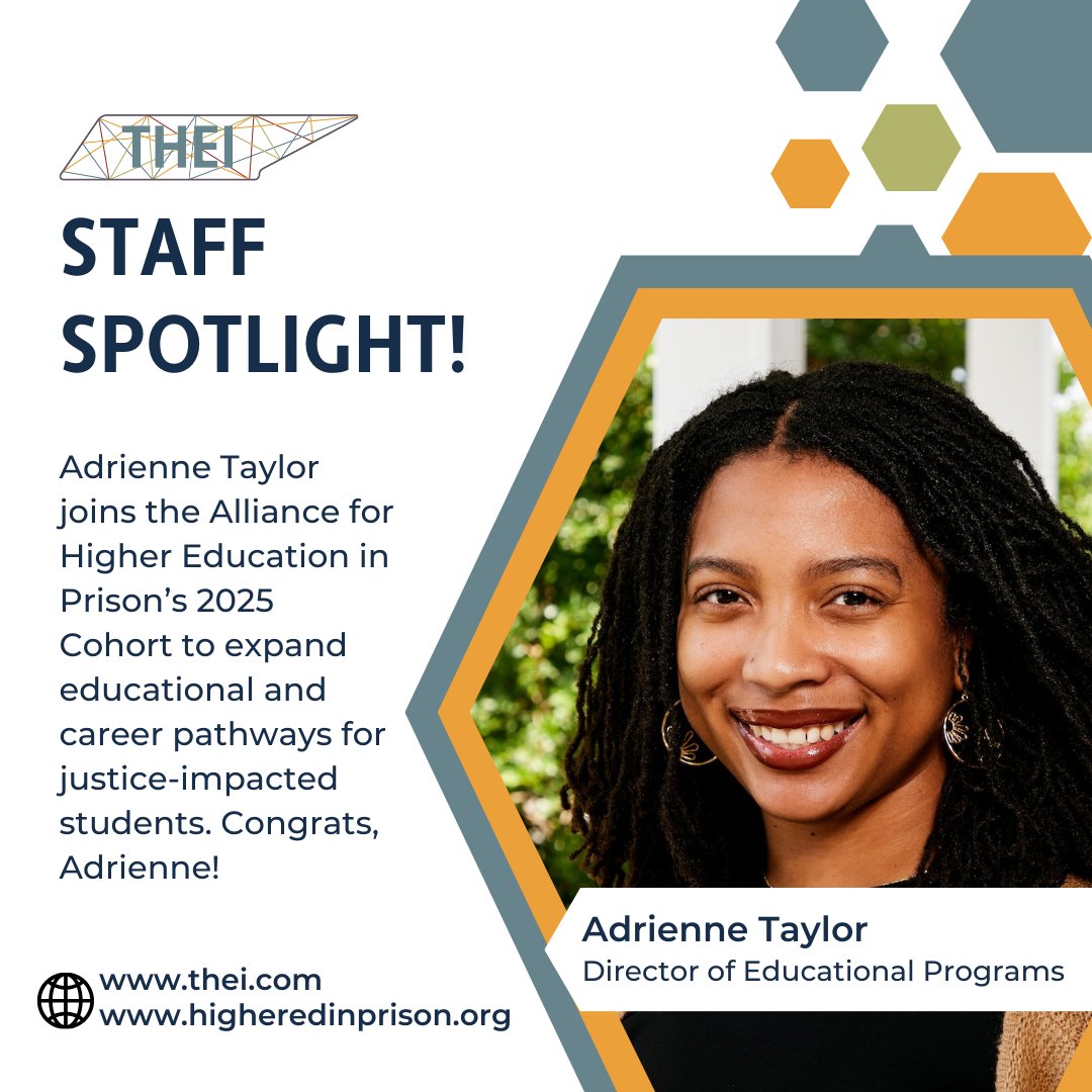 THEInitiativeTN's tweet photo. Congratulations to Adrienne Taylor, THEI's Director of Educational Programs! Adrienne was selected to participate in the @AllianceforHEP 2025 Cohort, bringing together 12 leaders from HEP programs in a collaborative effort to strengthen pathways for incarcerated scholars. https://t.co/ZuaVqArzl7