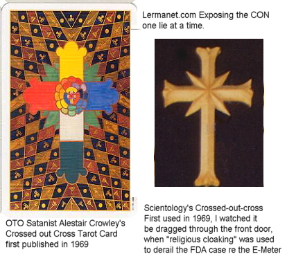 Scientology crossed out cross and Crowley OTO Satanist crossed out cross