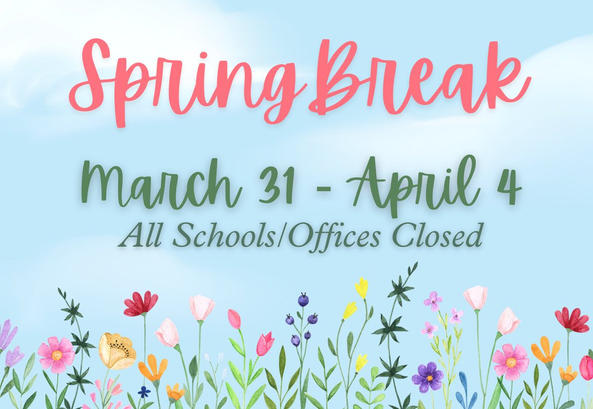 🌸🎉 Spring Break Alert! 🎉🌸 

📅 Mark your calendars! Schools and offices will be closed from **March 31st to April 4th**! 🎈✨ 

Get ready for some fun in the sun 🌞, adventure 🌍, and relaxation 🧘‍♂️! ❤️