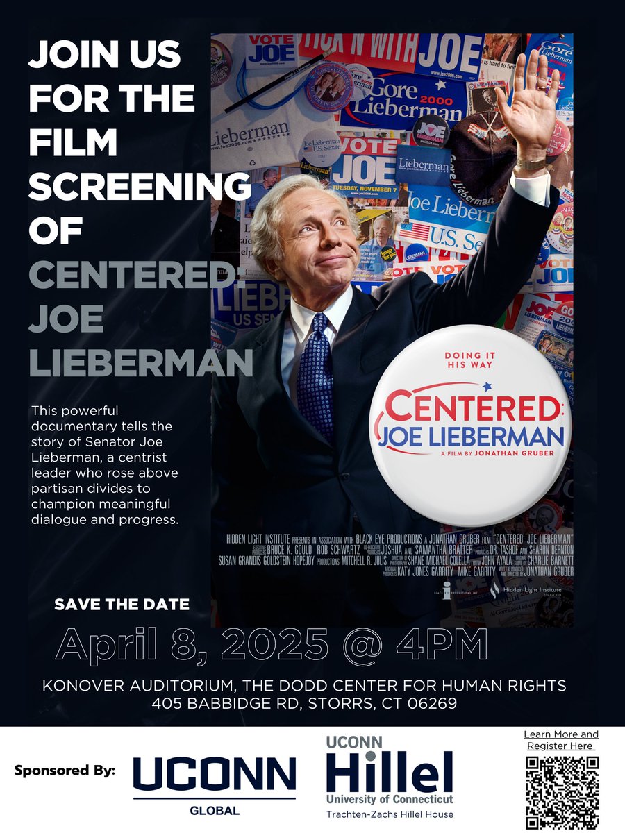 Join us for a special screening of "Centered: Joe Lieberman," showcasing his political journey and influence. Engage in an enlightening discussion afterward! 🎬  

Register here: s.uconn.edu/film_screening

#FilmScreening #DocumentaryFilm #JoeLieberman #CommunityEvent