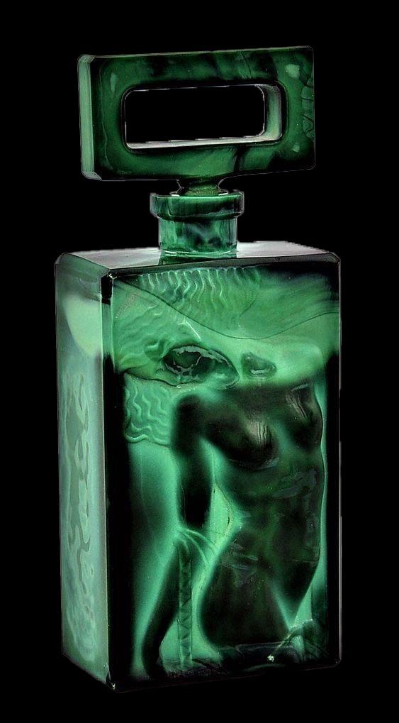 Art Deco malachite glass bottle designed by Henry Schlevogt under the Ingrid Brand, Czechoslovakia, early 20th century.