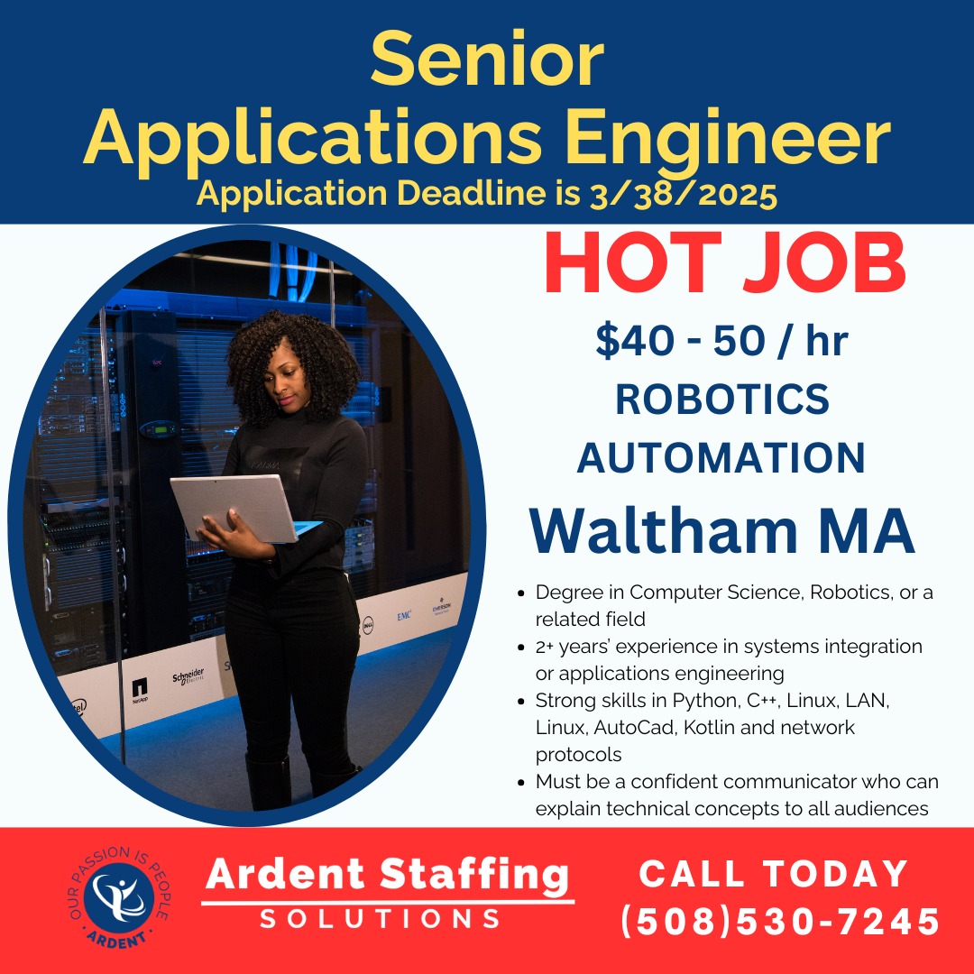 ArdentStaffing's tweet photo. HOT JOB ALERT! We’re hiring a Senior Applications Engineer in Waltham, MA 🤖 If you have a passion for robotics, love solving complex technical challenges, and thrive on the road (50% travel), this one’s for YOU! $40–$50/hr Full-time | Day Shift Waltham,… https://t.co/T028D2MvqV https://t.co/UiCOImP40f