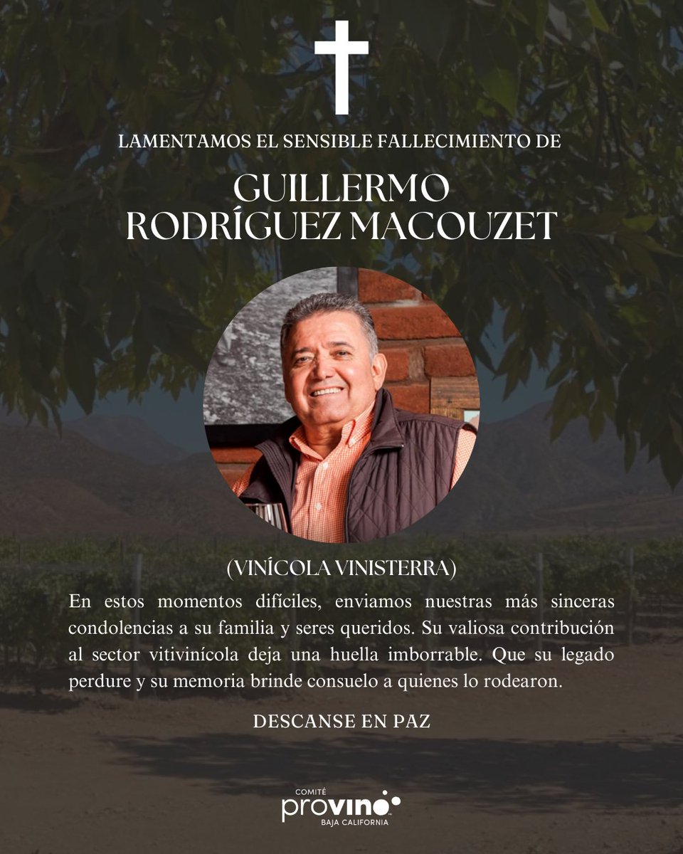 Nos unimos a la tristeza por la partida de Guillermo Rodríguez, cuya dedicación al vino de Baja California dejan un legado que perdurará en el tiempo.
A su familia, amigos y la comunidad de Vinisterra les enviamos nuestro más sentido pésame.