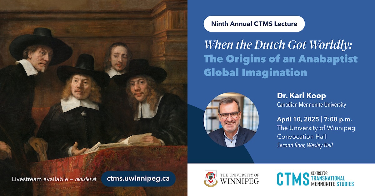 CTMStudies's tweet photo. Our annual lecture is two weeks away! This year, Dr. Karl Koop will present on the worldly Dutch Mennonites of the 17th century, where he locates the origins of a global Mennonite community. Join us at @uwinnipeg or register to participate virtually. https://t.co/hgpVAFXvku