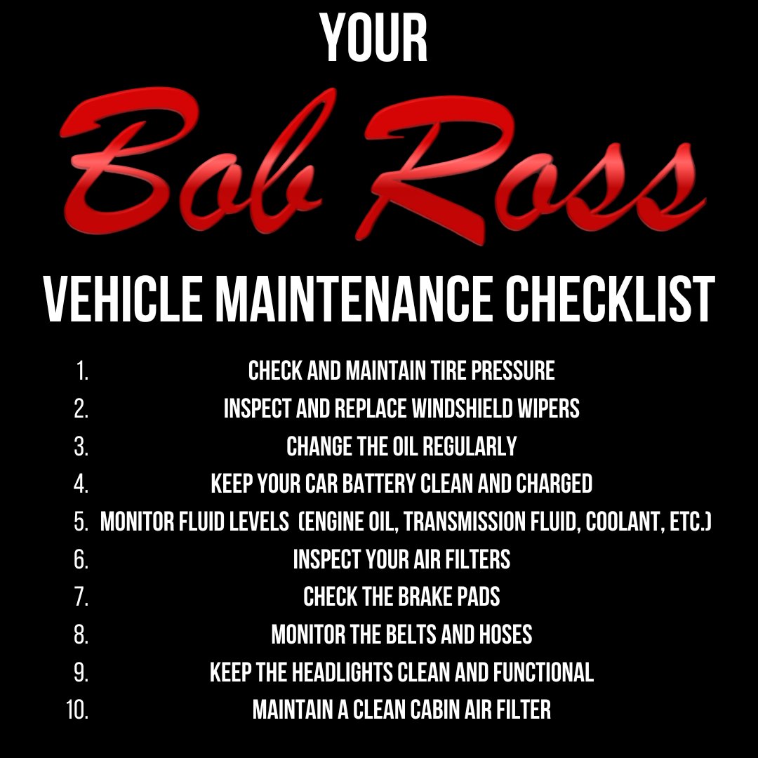 BobRossAuto's tweet image. Keep your car running smoothly with these 10 easy maintenance tips! For service, call (937) 401-2063 or visit Bob Ross Buick GMC. 💪 #MaintenanceTips #CarCare #BobRossAutoGroup