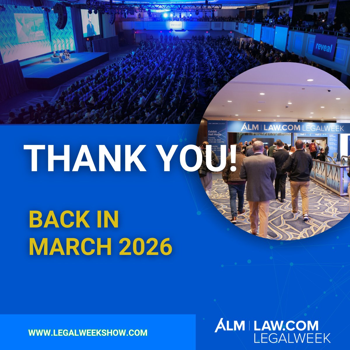 Legalweek Show (@legalweekshow) on Twitter photo That’s a wrap on Legalweek 2025! 👏 Thanks to everyone who made this week a success. Share your favorite moments using #Legalweek25 & stay connected with us post-show. Save the date for #Legalweek26 at North Javits Center, March 9–12, 2026! See you there! 🙌 That’s a wrap on Legalweek 2025! 👏 Thanks to everyone who made this week a success. Share your favorite moments using #Legalweek25 & stay connected with us post-show. Save the date for #Legalweek26 at North Javits Center, March 9–12, 2026! See you there! 🙌