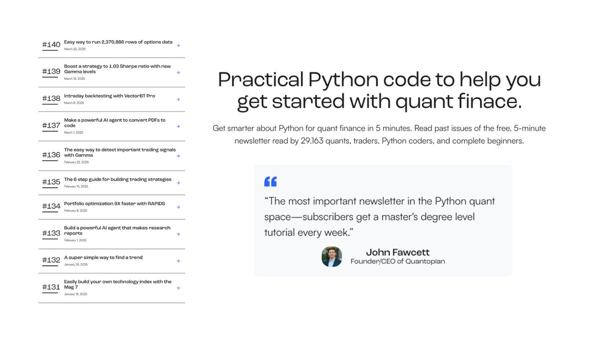 pyquantnews's tweet image. 140 free Python tutorials:

• Market data analysis
• Algorithmic trading
• Options trading
• AI engineering
• Quant finance
• Python basics

Grab them all here: