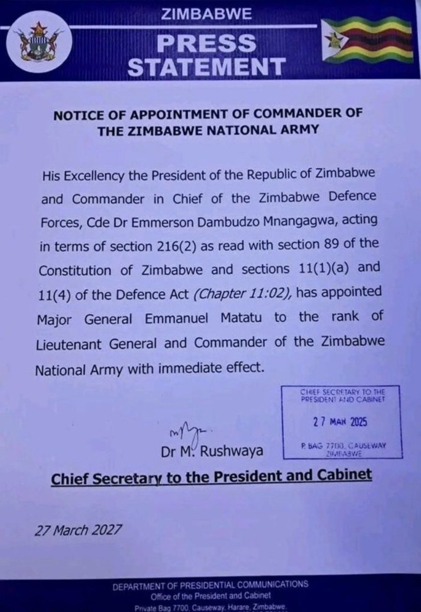 Murwisi G Nhokwara (@savevakuru42496) on Twitter photo Breaking News. Major Gen E Matatu has been promoted to the rank of Lt General and subsequently conferred with new rank and office of Commander ZNA
<a href="/LynneStactia/">LynneM 💕💝💎</a>
Uyu haanzi Major Sean Mnangagwa. Anonzi Cde E Matatu
Congrats ZNA1
<a href="/CadreShangrila/">Cadre Shangri-la</a> Breaking News. Major Gen E Matatu has been promoted to the rank of Lt General and subsequently conferred with new rank and office of Commander ZNA
<a href="/LynneStactia/">LynneM 💕💝💎</a>
Uyu haanzi Major Sean Mnangagwa. Anonzi Cde E Matatu
Congrats ZNA1
<a href="/CadreShangrila/">Cadre Shangri-la</a>