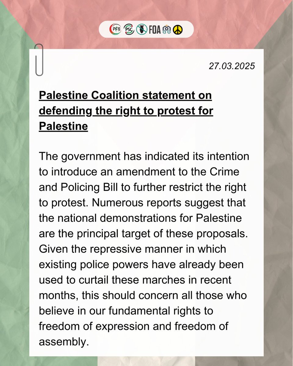 PSCupdates's tweet image. 🚨 Palestine Coalition statement on defending the right to protest for Palestine following the government announcement of an amendment to the Crime and Policing Bill.

Read the statement in full here: palestinecampaign.org/palestine-coal…

#FreePalestine #RightToProtest