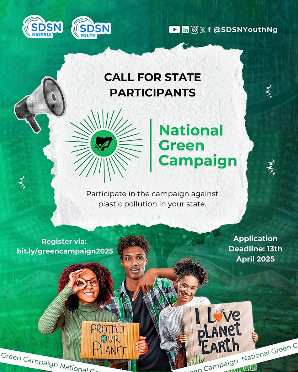 Be the Voice of Change in Your State!

We’re calling passionate Nigerian youths to take action in the National Green Campaign! Step up and be part of the solution to ending plastic pollution.

Register Now: bit.ly/greencampaign2… before the deadline: April 13, 2025

#ActNow