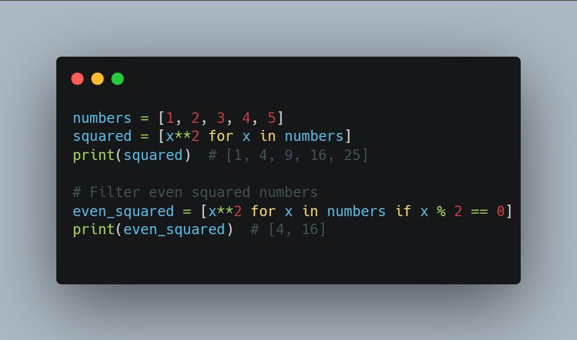 codingpython0's tweet image. 🔮 #Python Sorcery Alert! 🧙♂️ Want to turn boring lists into awesome ones with a single line of code?
List comprehensions are your magic wand! ✨
Coding feels like casting spells now! 💻🐍
#PythonMagic #CodeWizard #ProgrammingTips #LearnToCode #pythonlearning #pythonprogramming