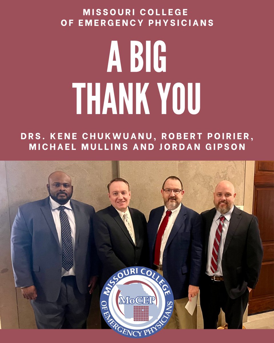 Thank you to Drs. Chukwuanu, Poirier, Mullins, and Gipson for testifying in support of SB 520, MOCEP's bill to require a physician in every Missouri ED. We appreciate your time and advocacy!