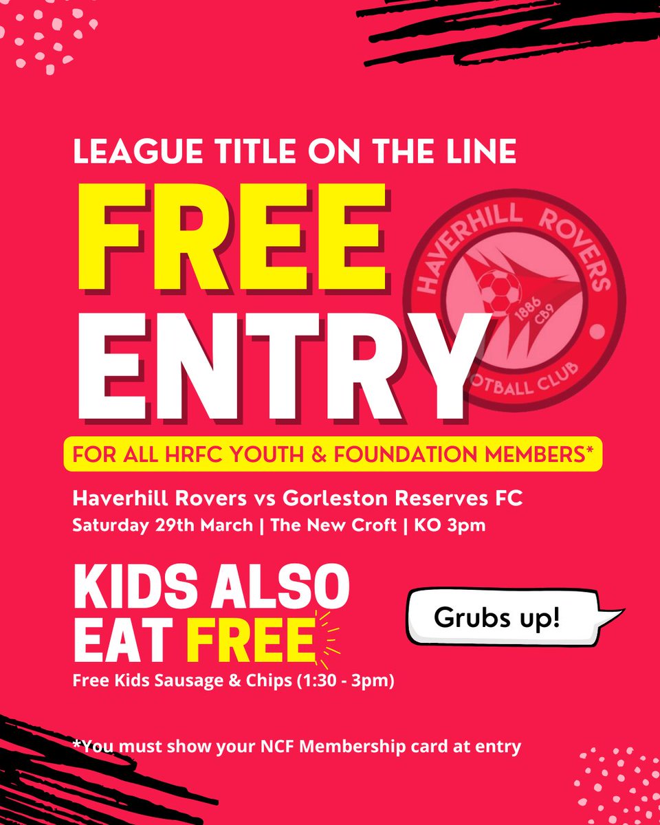 This Saturday, Haverhill Rovers take on Gorleston and a win means Haverhill Rovers are guaranteed to finish 1st in the league.

Gates open at 1:30 PM

Exclusive for New Croft Foundation members &amp; Haverhill Rovers youth:
✅ FREE entry
✅ FREE kids’ sausage &amp; chips (1:30-3 PM)