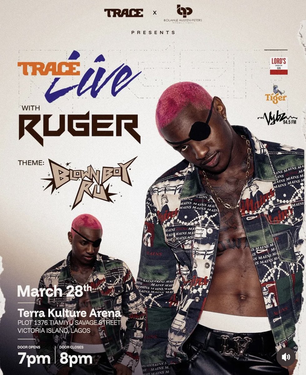 sesan adeniji (@sesanadeniji) on Twitter photo Trace Live With <a href="/rugerofficial/">BLOWNBOY RU</a> | March 28 at Terra Kulture by 8pm | proudly supported by <a href="/VYBZFMLAGOS/">VYBZ 94.5FMLAGOS</a>. See you on Friday. 🙌 <a href="/TRACENaija/">TRACE Naija</a> Trace Live With <a href="/rugerofficial/">BLOWNBOY RU</a> | March 28 at Terra Kulture by 8pm | proudly supported by <a href="/VYBZFMLAGOS/">VYBZ 94.5FMLAGOS</a>. See you on Friday. 🙌 <a href="/TRACENaija/">TRACE Naija</a>