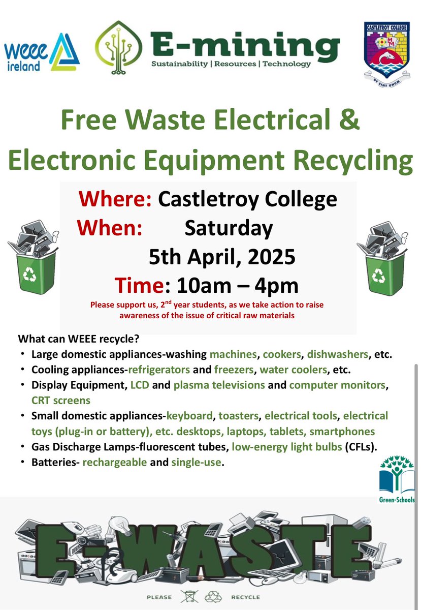 Dee Ryan Limerick (@deecorbettryan) on Twitter photo Castletroy College is running its annual electrical & electronic waste collection event on Saturday, April 5th 2025 from 10am to 4pm at the school - Eircode V946D85. <a href="/WEEEIreland/">WEEE Ireland</a> <a href="/CastletroyC/">Castletroy College</a> @LCETBSchools Castletroy College is running its annual electrical & electronic waste collection event on Saturday, April 5th 2025 from 10am to 4pm at the school - Eircode V946D85. <a href="/WEEEIreland/">WEEE Ireland</a> <a href="/CastletroyC/">Castletroy College</a> @LCETBSchools