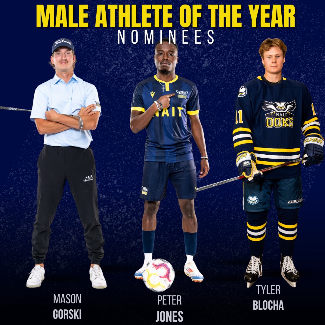 Your finalists for the NAIT Ooks Male Athlete of the Year are:

🔹 Peter Jones – Soccer/Futsal
🔹 Mason Gorski – Golf/Volleyball
🔹 Tyler Blocha – Hockey

Who will take home the honor? Find out at NAIT Ooks Awards Night next Friday, April 4th, starting at 5 PM! ✨ #ooksNAITion