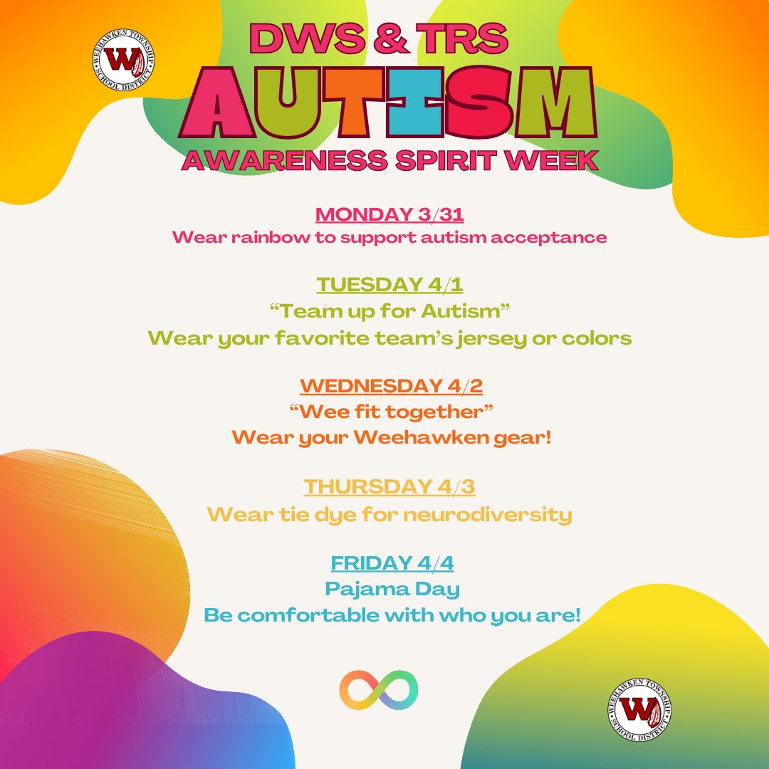 Weehawken Schools (@weehawkentsd) on Twitter photo DWS & TRS Autism Awareness Spirit Week!
3/31 - 4/4
<a href="/EricCrespoEDU/">Eric Crespo</a> <a href="/FAmato53/">Francesca Amato</a> <a href="/al_orecchio/">Al Orecchio</a> <a href="/SuzanneMera/">Mrs. Mera</a> <a href="/DeStefanoEDU/">Dr. Nicholas DeStefano</a> <a href="/MrsCullinane/">Jacqueline Cullinane</a> <a href="/bcalligy/">Brian Calligy</a> <a href="/BriannaReganEDU/">Brianna Regan</a> <a href="/JColasurdoEDU/">Jillian Colasurdo</a> <a href="/Miss_Hogan1/">Amanda Hogan</a> <a href="/MissGwen_EDU/">Gwendolyn Hillman</a> DWS & TRS Autism Awareness Spirit Week!
3/31 - 4/4
<a href="/EricCrespoEDU/">Eric Crespo</a> <a href="/FAmato53/">Francesca Amato</a> <a href="/al_orecchio/">Al Orecchio</a> <a href="/SuzanneMera/">Mrs. Mera</a> <a href="/DeStefanoEDU/">Dr. Nicholas DeStefano</a> <a href="/MrsCullinane/">Jacqueline Cullinane</a> <a href="/bcalligy/">Brian Calligy</a> <a href="/BriannaReganEDU/">Brianna Regan</a> <a href="/JColasurdoEDU/">Jillian Colasurdo</a> <a href="/Miss_Hogan1/">Amanda Hogan</a> <a href="/MissGwen_EDU/">Gwendolyn Hillman</a>