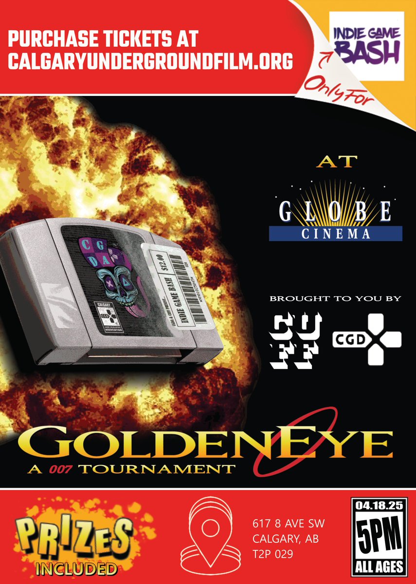 CalgaryGameDevs (@calgarygamedevs) on Twitter photo Indie Game Bash is back, and this time, we're bringing the legendary GoldenEye 007 🔫 to the big screen for a tournament (with prizes) at Globe Cinema during <a href="/CUFF/">Calgary Underground Film</a>
Event begins April 18th starting at 5pm at the <a href="/GlobeCinema/">Globe Cinema</a>
Full details: calgaryundergroundfilm.org/2025/indie-gam…
#yycevents Indie Game Bash is back, and this time, we're bringing the legendary GoldenEye 007 🔫 to the big screen for a tournament (with prizes) at Globe Cinema during <a href="/CUFF/">Calgary Underground Film</a>
Event begins April 18th starting at 5pm at the <a href="/GlobeCinema/">Globe Cinema</a>
Full details: calgaryundergroundfilm.org/2025/indie-gam…
#yycevents