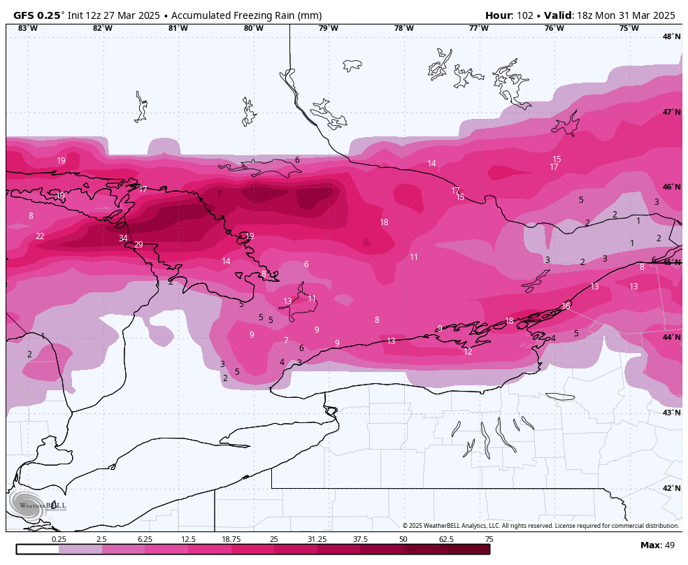 WxOntario1's tweet photo. Confidence is increasing that the heaviest axis of freezing rain stays well north of the #GTA this weekend

Hardest hit area looks to be from #GeorgianBay towards the #Brockville area where 15-30+mm of ice acreation is looking likely

Will have a preliminary forecast out later today

#OnWX