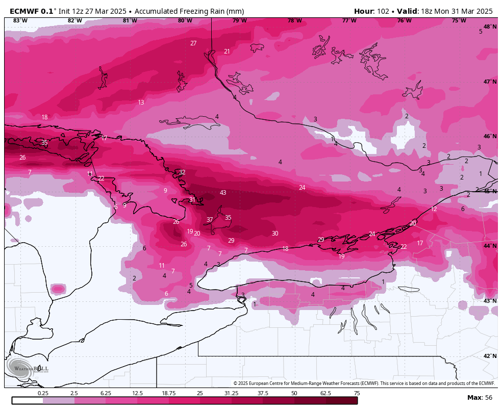 WxOntario1's tweet photo. Confidence is increasing that the heaviest axis of freezing rain stays well north of the #GTA this weekend

Hardest hit area looks to be from #GeorgianBay towards the #Brockville area where 15-30+mm of ice acreation is looking likely

Will have a preliminary forecast out later today

#OnWX