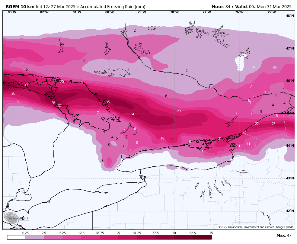 WxOntario1's tweet photo. Confidence is increasing that the heaviest axis of freezing rain stays well north of the #GTA this weekend

Hardest hit area looks to be from #GeorgianBay towards the #Brockville area where 15-30+mm of ice acreation is looking likely

Will have a preliminary forecast out later today

#OnWX