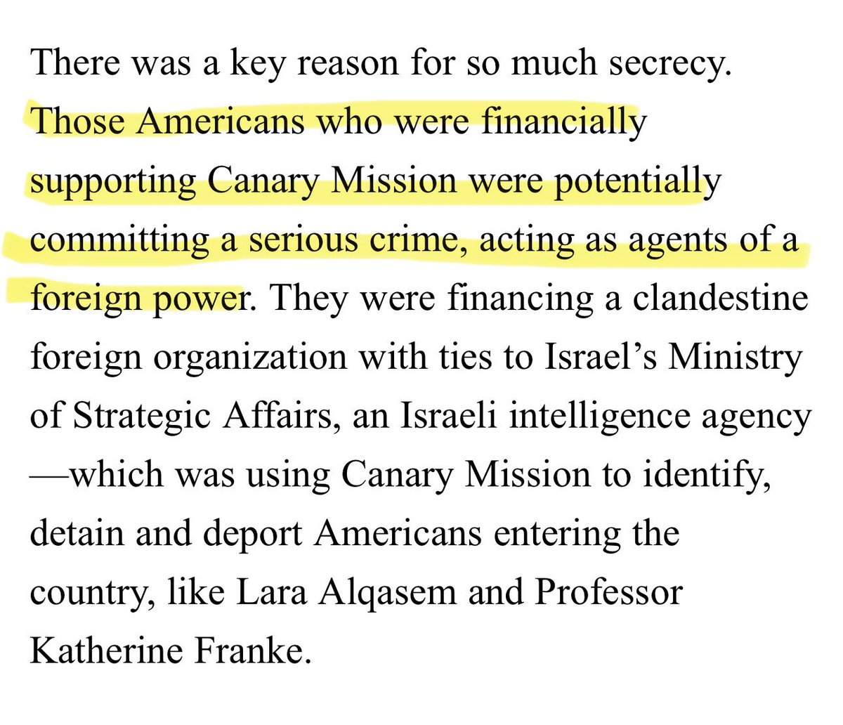 <a href="/ryangrim/">Ryan Grim</a> Canary Mission is run by an Israeli Ministry. Our government is allowing a foreign nation to extort US citizens.
