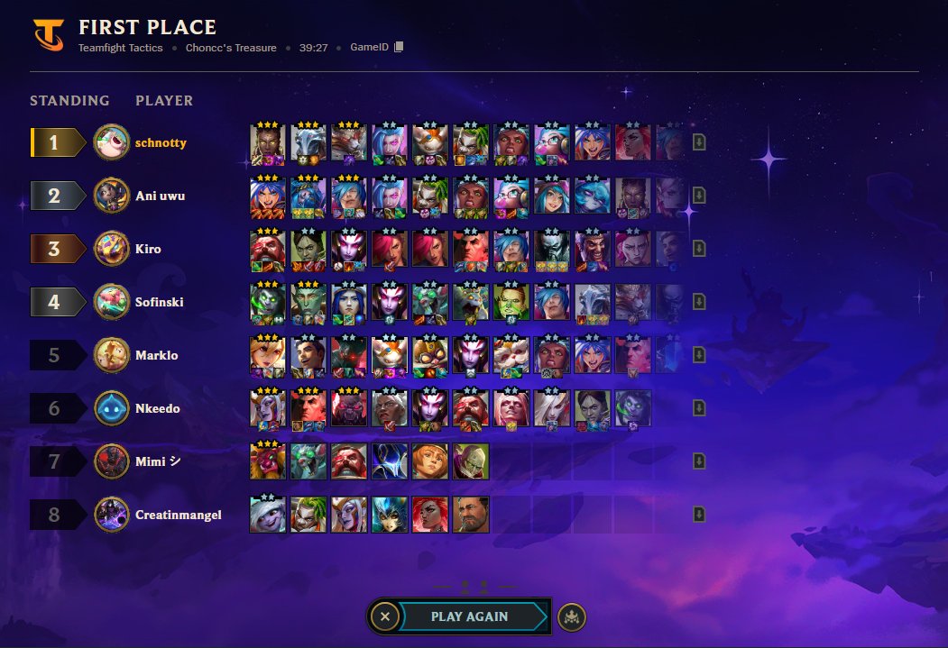 Ich hab gerade zum ALLERERSTEN MAL Chonccs Treasure gespielt und hab mich nichtmal vorher informiert was der Mode besondres macht und hab einfach alle 6costs 3star gehittet lmfao was zum Arsch geht hier ab