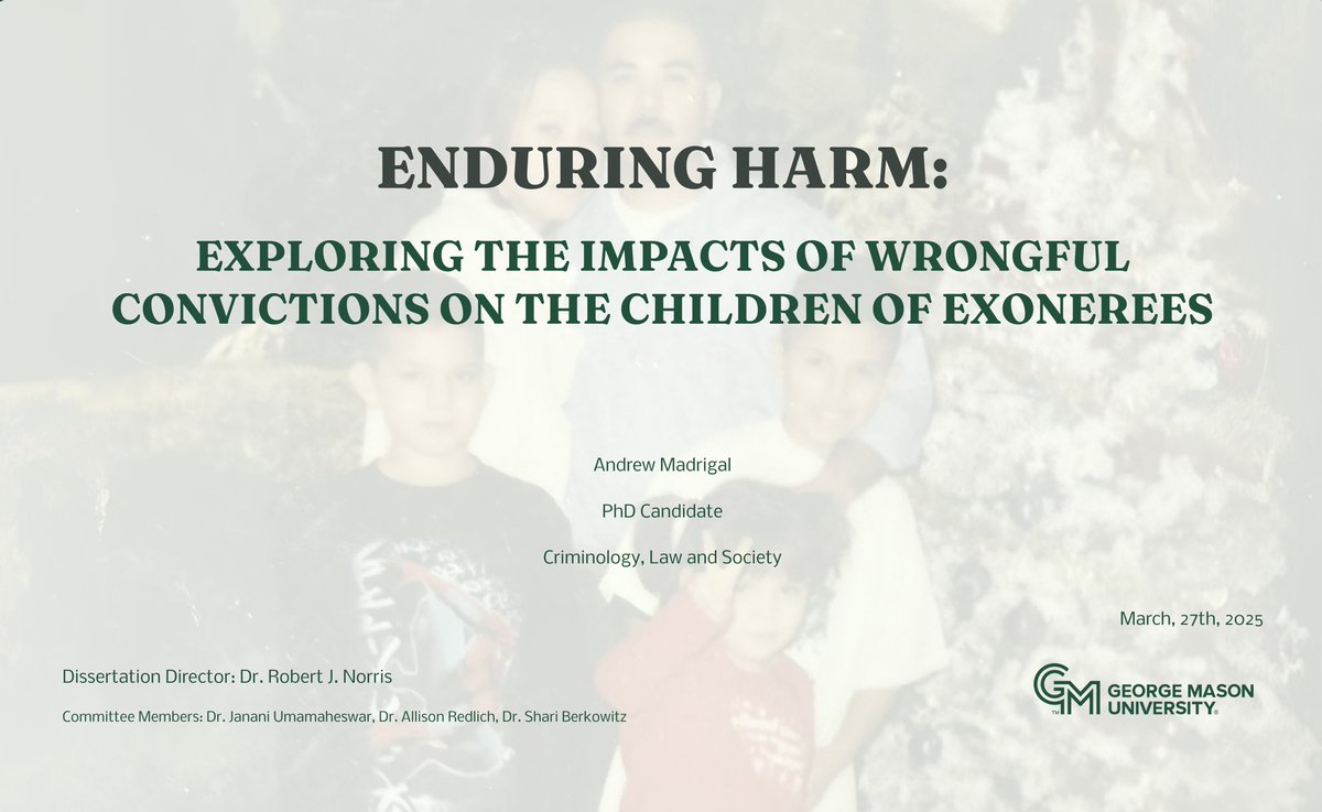 To these kids, we did it. 

Proud to be able to call myself Dr. Andrew Madrigal! 

Today I defended my dissertation exploring the experiences of children of exonerees. As one myself, this work is dedicated to them, my dad who lost 10 years, and to my family. #PhinisheD