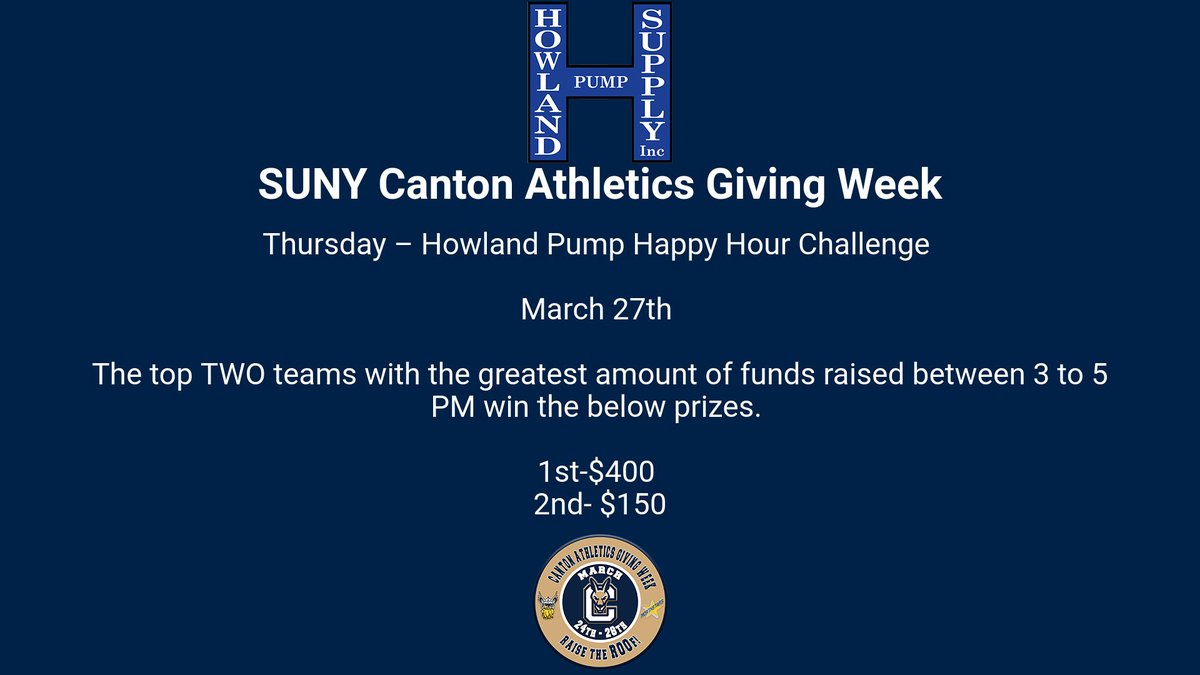 🚨Athletics Giving Week CHALLENGE ALERT 🚨

Thursday – Howland Pump Happy Hour Challenge
March 27th

The top TWO teams with the greatest amount of funds raised between 3 to 5 PM win the below prizes!
1st-$400
2nd- $150
 
DONATE: rooathletics.com/give2025
