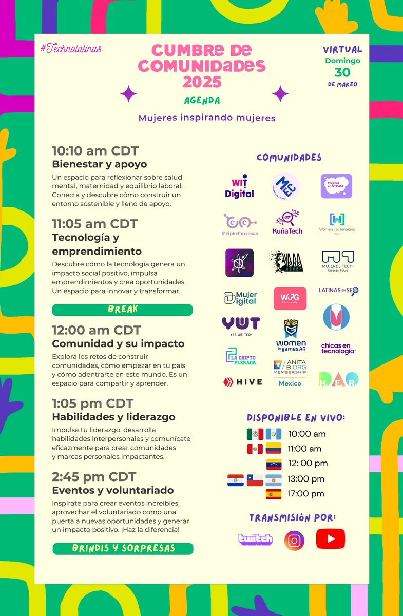 ¡Este domingo tendremos Cumbre de Comunidades edición virtual y estaremos transmitiendo en diferentes canales de las comunidades!

Estaremos compartiendo herramientas, experiencias y perspectivas al rededor de lo que conlleva crear y mantener una comunidad. Así que si quieres