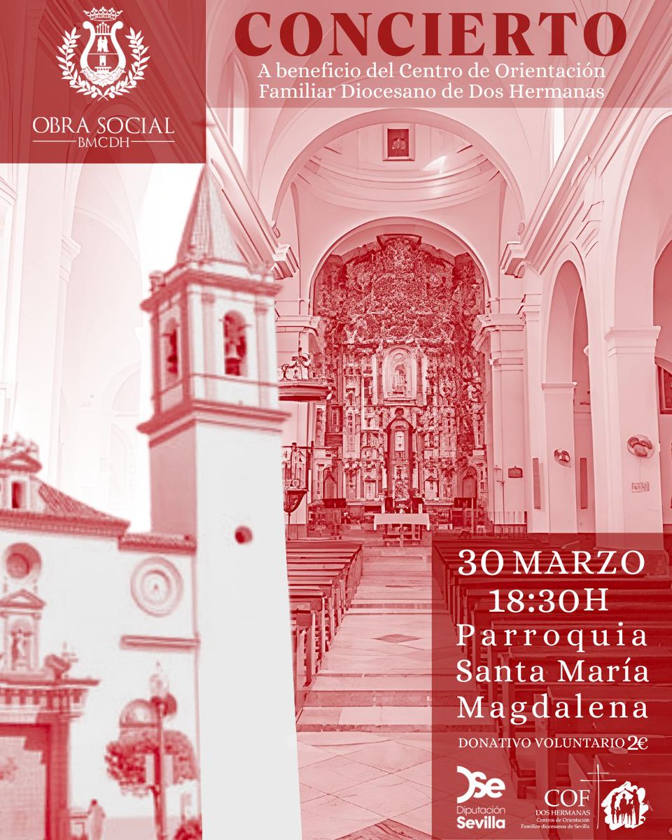 AGENDA| 📌 La <a href="/bmciudaddoshnas/">BM Ciudad de Dos Hermanas</a> y Don <a href="/ManuelSdH/">Padre Manuel SdH</a> organizan un concierto en la Parroquia Santa María Magdalena cuya recaudación será donada al <a href="/COF2H/">COF Dos Hermanas</a>
📆 Domingo 30 de marzo.
🕡 18.30.
🤗 Donativo voluntario: 2 €.
👉 Os animamos a colaborar