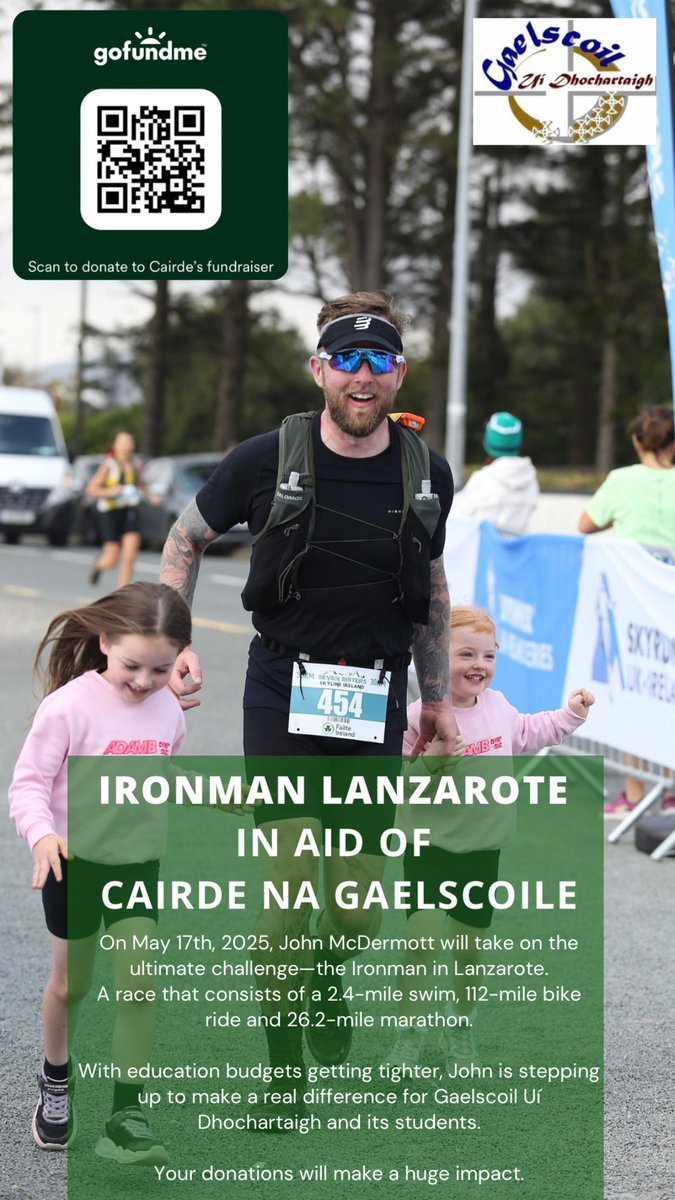 In 7 weeks, I’ll be competing in Ironman Lanzarote and hoping to raise some funds for Gaelscoil Uí Dhochartaigh in the process. 

I’d be grateful for a retweet and any donations.

Go raibh míle maith agaibh!

gofund.me/c30e83c7