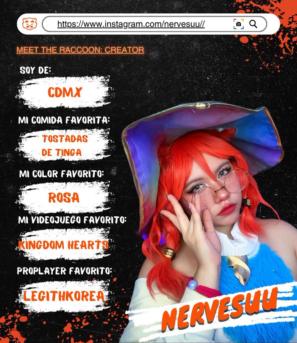 RaccoonLeague's tweet photo. WHO IS @nervesuu?
Conoce más acerca de nuestra Creadora de Contenido, además de combinar la pasión y creatividad en todo lo que hace, es la fuerza detrás de la magia de nuestros Cosplays favoritos. 🦝🧡
#rlpresencial #raccoonleague #whois #meettheraccoons https://t.co/rkDYPB2w0l